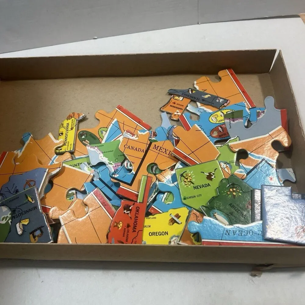 VTG Milton Bradley United States Authentic Map Puzzle 1961 Hawaii Alaska 2-Sided